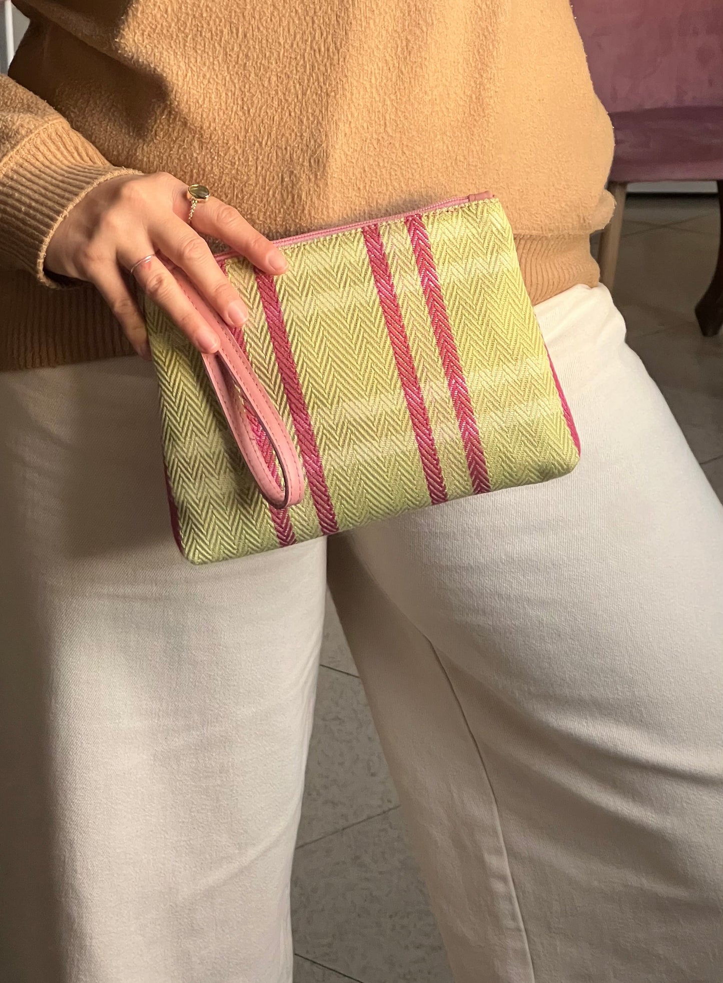 pochette tessuto e pelle