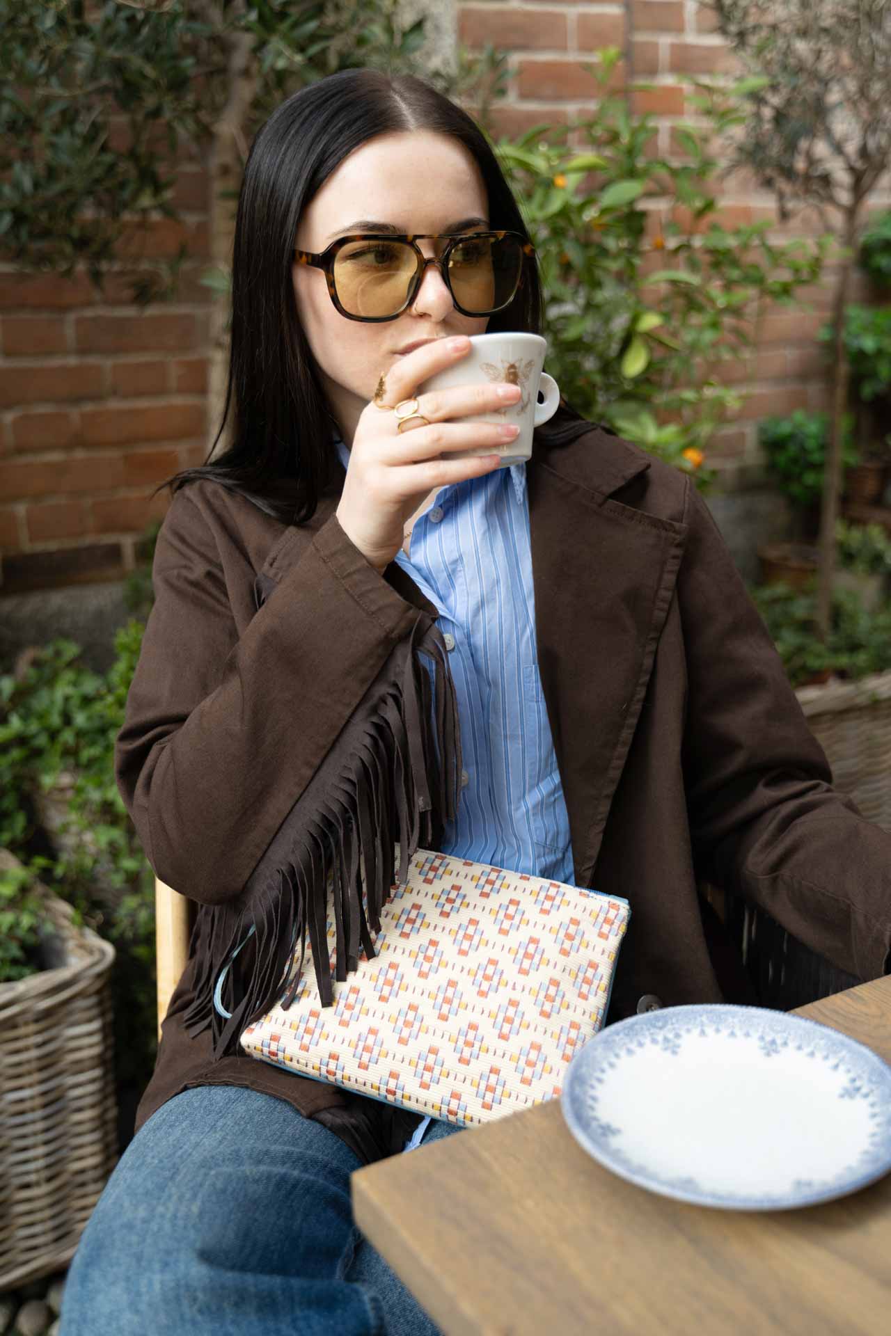 pochette tessuto e pelle